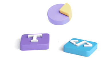 饼图的三个3D图示图标，一个文本符号和一个HTML标记。